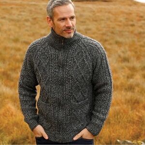 Aran Woollen Mills Men’s Large Hand Knit Zippered Cardigan Merino Wool Fisherman